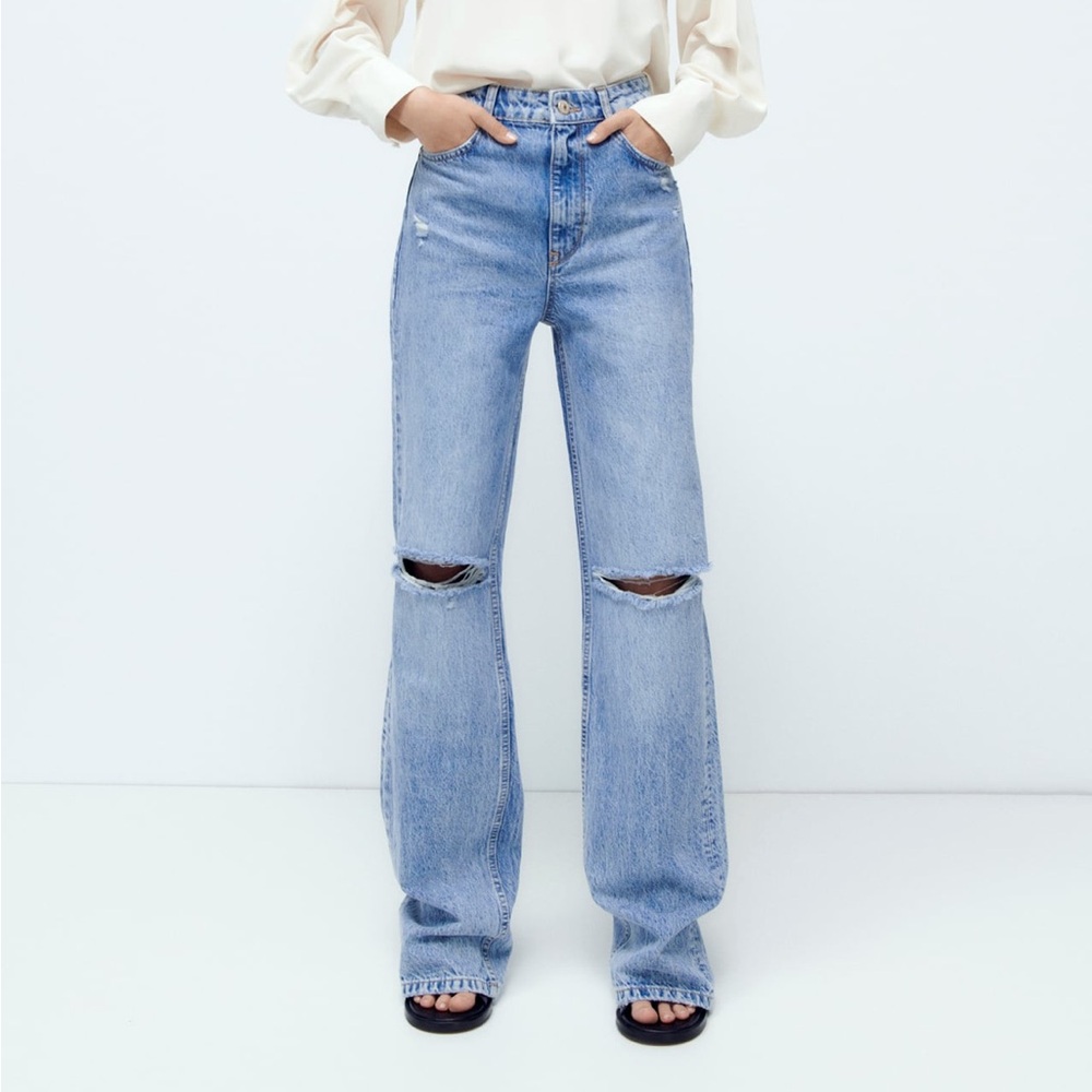 Zara Full Length High Waisted Ripped Jeans